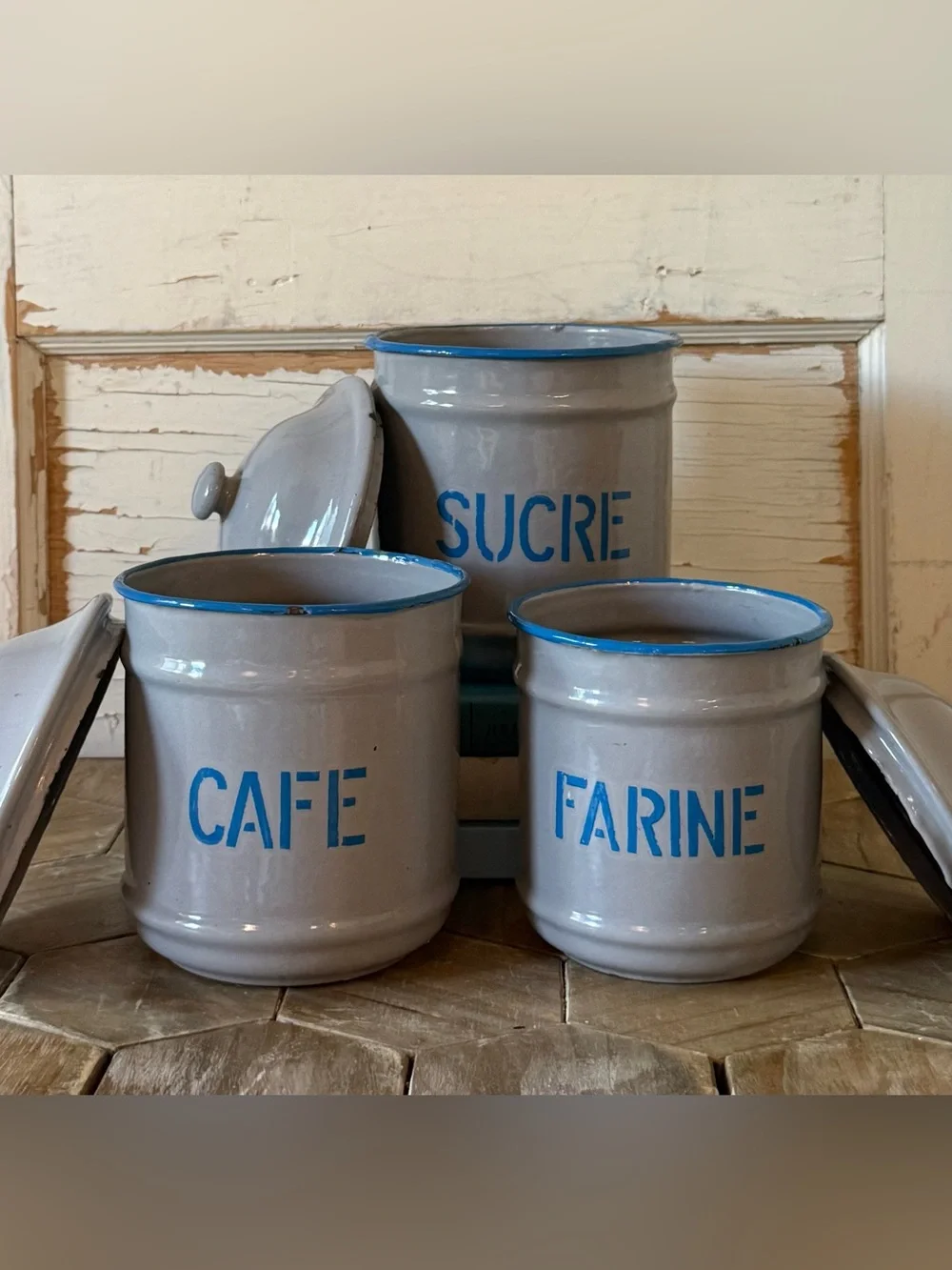 Vintage French Enamel Canisters;Sucre, Cafe & Farine,SET/3, Blue/Gray, Provence